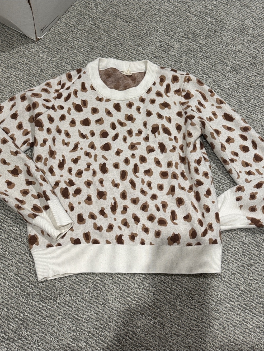 Hem & Thread White Crewneck Sweater with Brown Leopard Spots